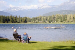 Senior couple sitting by lake